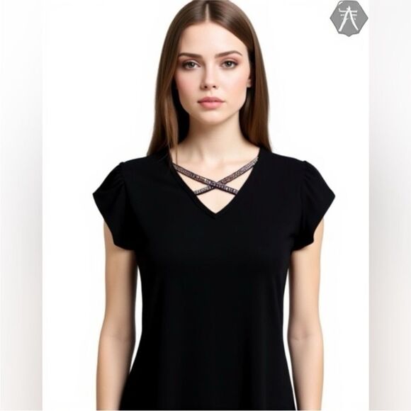 89th & Madison Black Embellished Short Sleeve Top size Medium - Picture 1 of 5